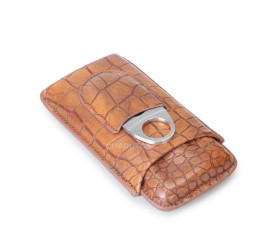 Porta 3 Charutos em Couro com Cortador Crocodilo - Marrom